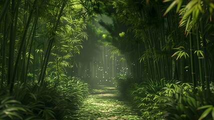  A dense bamboo forest alive with the sounds of chirping birds and rustling leaves, creating a...