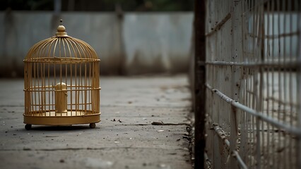 A little bird sits in a golden birdcage. freedom meaning