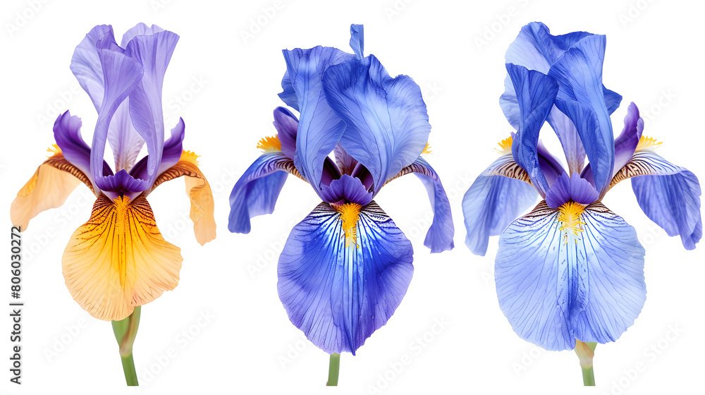 Wall mural set of blossoming iris flowers close-up, isolated on a white background. - Wall murals
