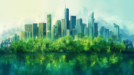 Obraz premium Beautiful modern eco friendly green city panoramic view with skyscrapers and parks. Idilic place to live, city of the future concept illustration.