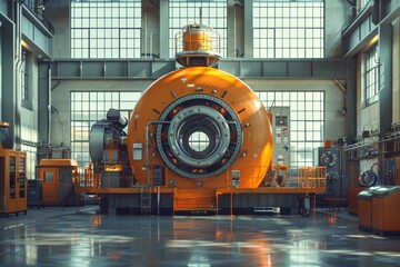 Massive turbine hall displays advanced machinery, central to nuclear power generation, highlighting efficiency in electricity production. nuclear fission and use in generating electricity,