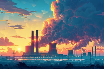 Vivid depiction of power plant emissions at sunset, contrasts renewable alternatives with traditional energy's environmental impact. nuclear fission and use in generating electricity,