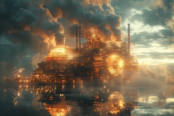 Futuristic cityscape under stormy skies powered by intense energy from industrial complex, illustrating nuclear power's capabilities. nuclear fission and use in generating electricity,