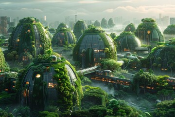 Geothermal energy powers lush, dome-encased buildings in a misty urban setting, emphasizing green architecture and sustainable urban development. futuristic city powered entirely by geothermal energy,