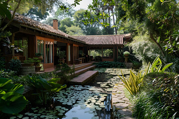 Traditional countryside estate surrounded by lush gardens and a natural pond, showcasing rural luxury and tranquility