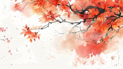 Autumn red and orange foliage, in the style of watercolor, soft edges and blurred details, delicate lines, white background, in the style of Chinese painting, colorful ink wash paintings.
