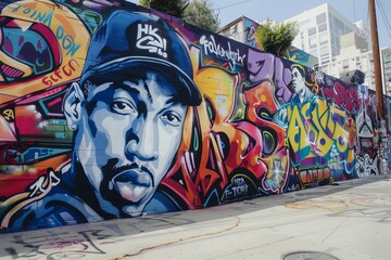 Urban street art: vibrant graffiti murals on city wall