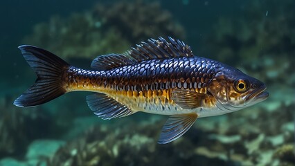 Sea fish with flowing fins swims alone in a blue aquarium.
