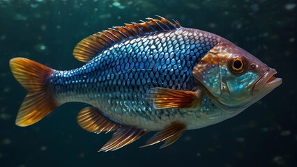 Naklejka premium Sea fish with flowing fins swims alone in a blue aquarium. 