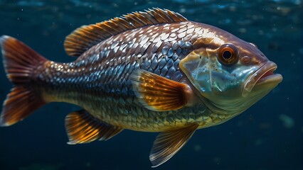 Fototapeta premium Sea fish with flowing fins swims alone in a blue aquarium. 