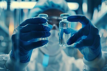 A person wearing a lab coat and gloves is holding two vials of liquid