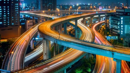 Nighttime long exposure of a road. A vibrant long exposure shot capturing the dynamic lights of cars traversing a road at night, reflecting the urban pulse