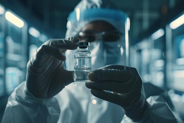 A person in a lab coat holding a vial of medicine