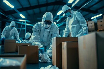 A group of people in white lab coats are working in a warehouse