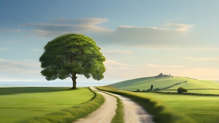 A serene countryside scene with a winding path leading towards a solitary green tree on the horizon.