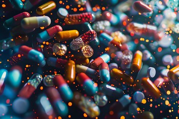 A bunch of colorful pills are scattered in the air
