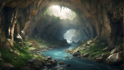 Cave Waterfall Amidst Lush Greenery