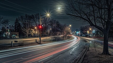 Nighttime long exposure of a road. A vibrant long exposure shot capturing the dynamic lights of cars traversing a road at night, reflecting the urban pulse