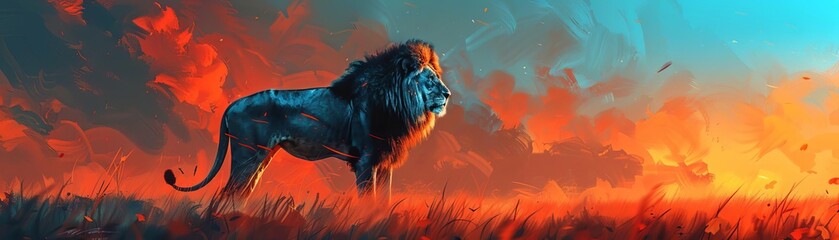 A majestic lion stands tall on the African savanna, surveying its territory