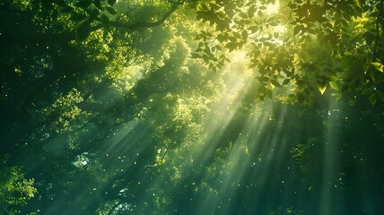  A dense forest canopy illuminated by golden rays of sunlight filtering through the green foliage....