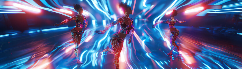 Explore a birds-eye view of dancers immersed in futuristic technologies