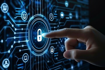 A closeup shot of hands holding an iPad, with digital security symbols is being pressed by the finger tip with icons connected to it symbolizing data and marketing