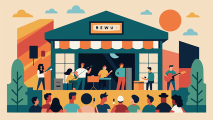 As the day comes to an end the record store hosts a concert featuring upandcoming local bands bringing the celebration to a crescendo. Vector illustration