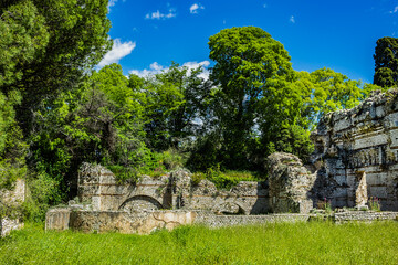 The remains of Cemenelum - a basilica, baths and amphitheater are located on the hill of Cimiez, the ancient Roman city of Cemenelum. Nice, France. 