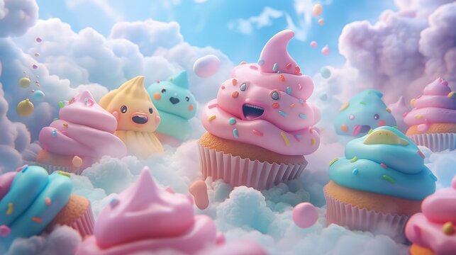  An enchanting illustration of cartoon cupcakes floating in a sea of pastel-colored clouds, their cheerful faces beaming with happiness as they embark on a delightful journey through the sky, captured