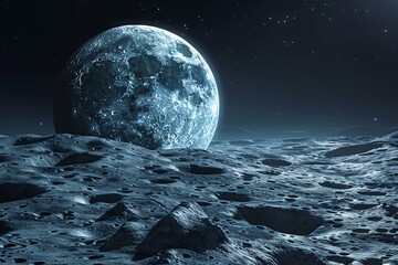 Panoramic view of the moon s surface, realistic, gentle illumination