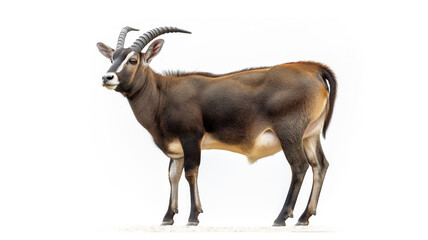 A majestic antelope with elegant curved horns and a glossy brown coat stands isolated on a white background.