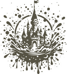 stencil vector abstract drawing of an ancient stone castle with towers in a blot with splashes