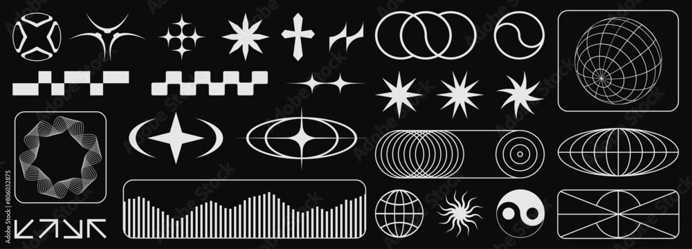 Wall mural rave psychedelic retro futuristic set.geometric shapes, abstract backgrounds and patterns, wireframe