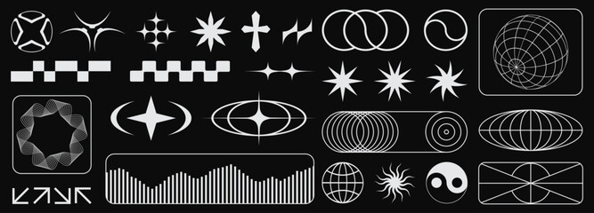 Rave psychedelic retro futuristic set.geometric shapes, abstract backgrounds and patterns, wireframe,Y2k abstract geometric shapes and objects.vector elements and signs