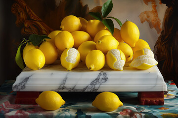 lemons and limes, At the heart of the composition, a podium adorned with ripe lemons commands attention with its vibrant yellow hue and fresh, citrusy aroma