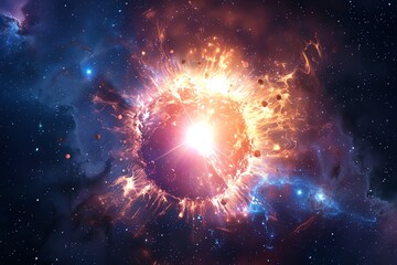 Realistic supernova with bright light at the center, deep space background