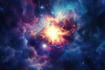 Realistic supernova with bright light at the center, deep space background