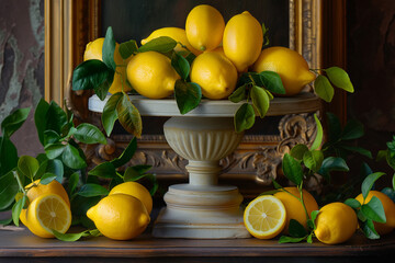 still life with lemons and oranges, At the heart of the composition, a podium adorned with ripe lemons commands attention with its vibrant yellow hue and fresh, citrusy aroma