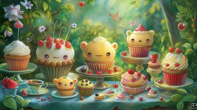  A delightful tableau of cartoon cupcakes gathering for a whimsical tea party, their colorful frosting and adorable expressions captured in crystal-clear detail, against a backdrop of lush greenery an