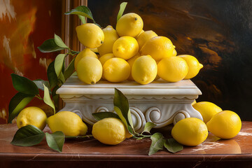 still life with lemons, At the heart of the composition, a podium adorned with ripe lemons commands attention with its vibrant yellow hue and fresh, citrusy aroma