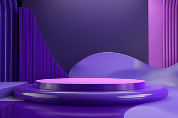 stage with curtains and spotlight, At the heart of the composition, a podium in shades of violet and purple commands attention with its bold and vibrant colors
