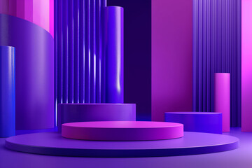stage with spotlight, At the heart of the composition, a podium in shades of violet and purple commands attention with its bold and vibrant colors