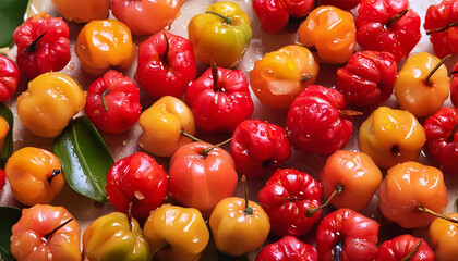 Flat lay of Acerola or Cherry Barbados fruit texture, Top view of fruits concept background