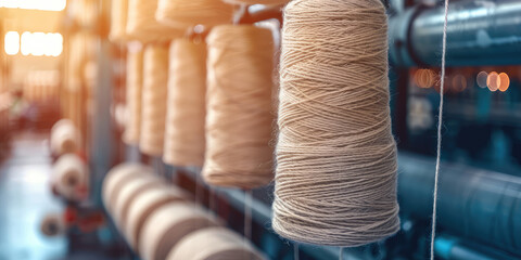 Closeup beige bobbin thread cones on a warping machine, textile mill. Making Balls of Yarn in factory. Textile industry, spools on spinning machine.