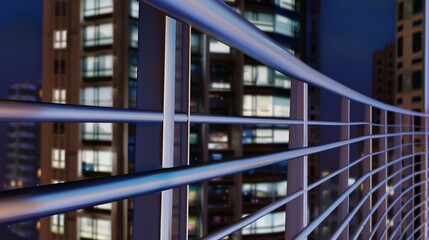 Modern city apartment, high-rise view, close-up of balcony railing, evening sky, city lights 