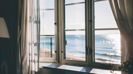 Cozy beachfront cottage, close-up of window with sea view, morning light, serene