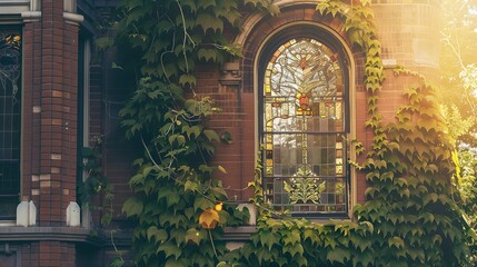 Charming Victorian house, detailed close-up of stained glass window, warm sunlight, ivy walls 