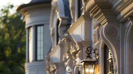 Elegant mansion, close-up on carved stone facade, twilight, soft focus on architectural details 