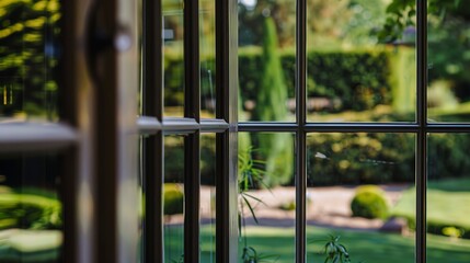 Luxury home window close-up, reflection of serene gardens, crisp detailed frame