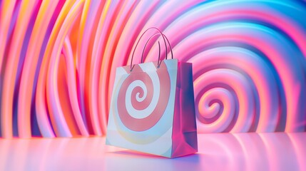 Fototapeta premium A visually stunning 3D-rendered montage of discounted items flying into a shopping bag against a backdrop of swirling colors 